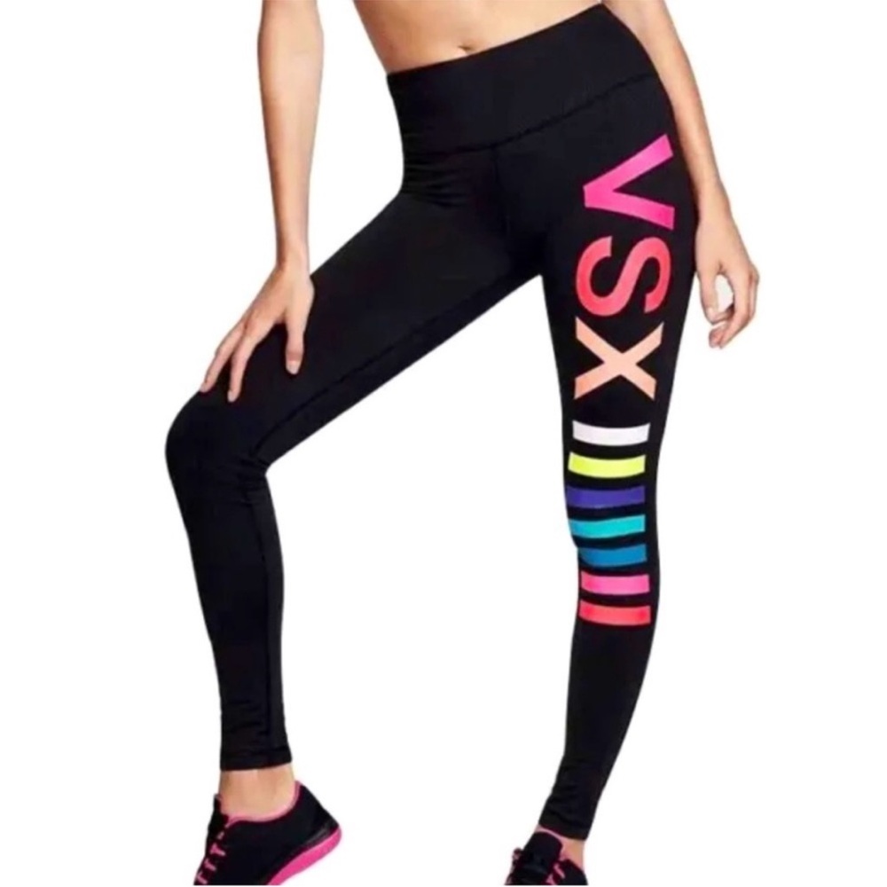 Victoria's Secret Sport VSX Women’s Size XS Long Black Rainbow Logo Leggings